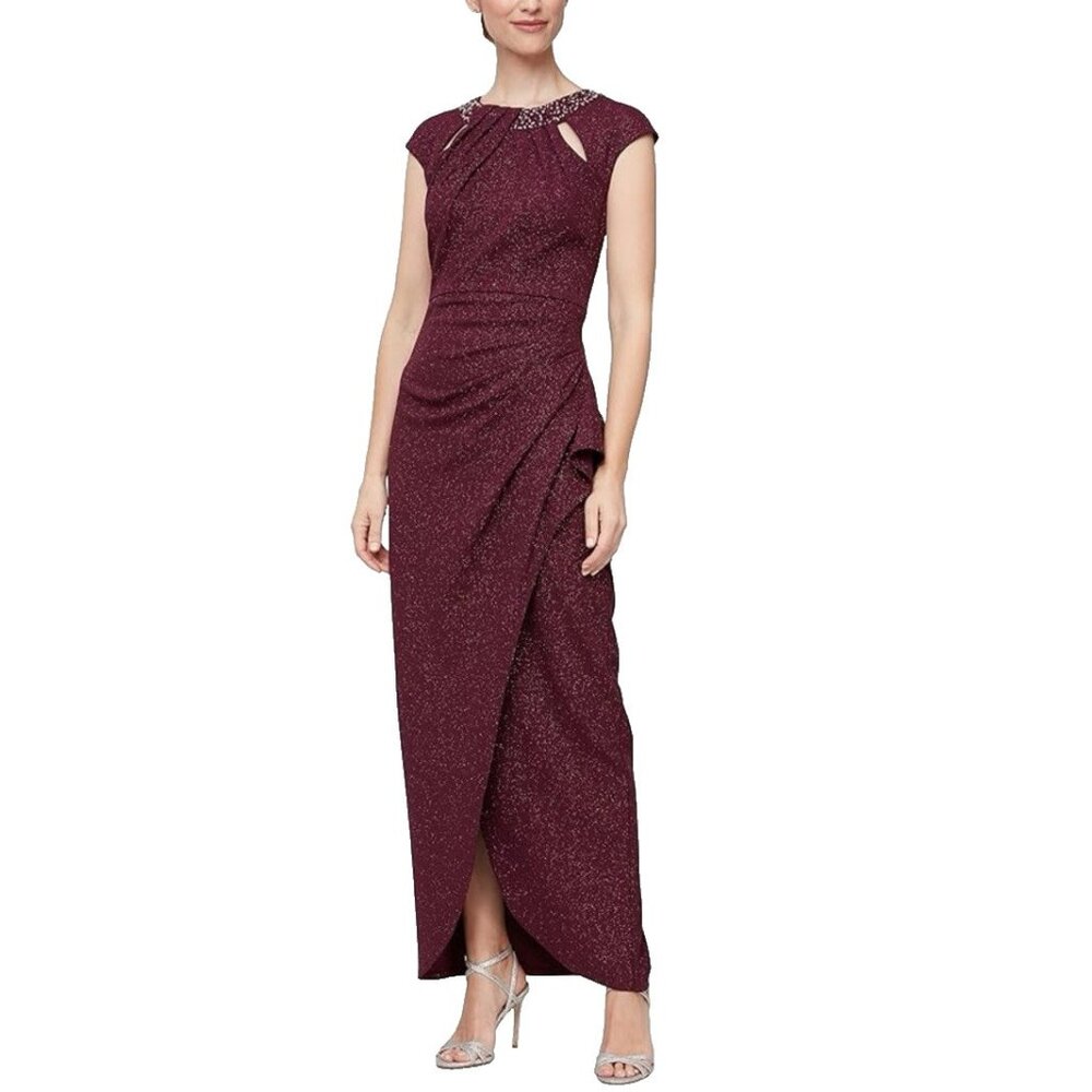 SLNY Formal Dress 16 Maroon Wine Shimmer Bead Gown Wedding Party Cruise NEW